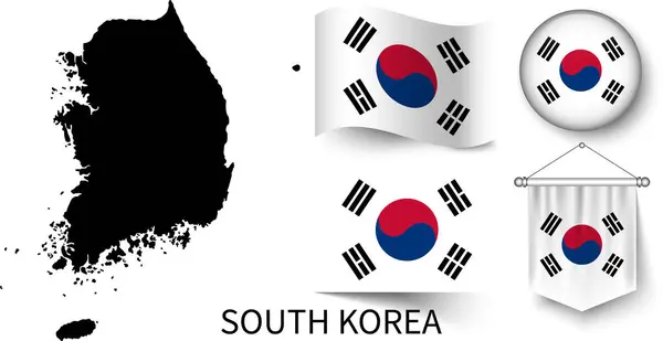 Güney Kore haritası ve Güney Kore 'nin çeşitli bayrakları