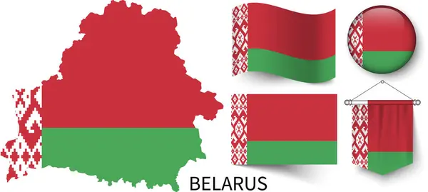 Belarus ulusal bayraklarının çeşitli desenleri ve Belarus haritasının sınırları