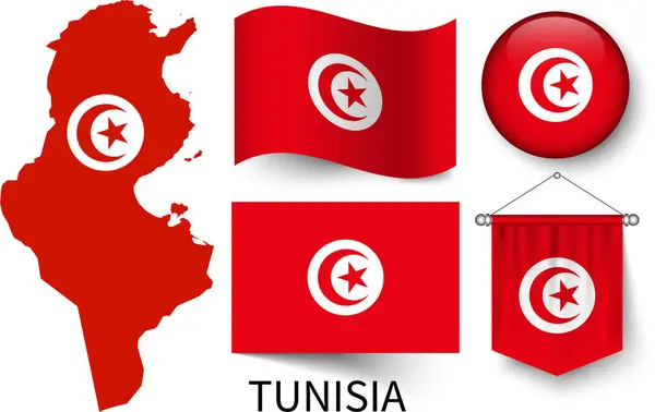 Tunus ulusal bayraklarının çeşitli desenleri ve Tunus sınırlarının haritası