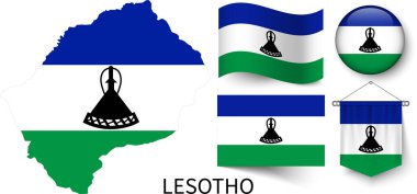 Lesotho ulusal bayraklarının çeşitli desenleri ve Lesotho sınırlarının haritası.