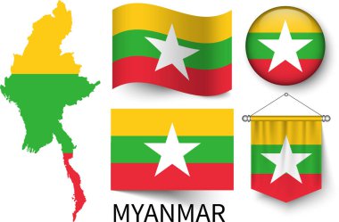 Myanmar ulusal bayraklarının çeşitli desenleri ve Myanmar sınırlarının haritası.