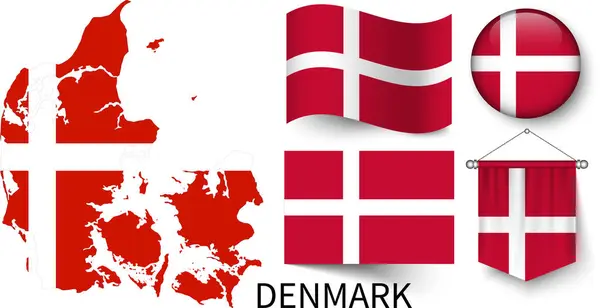 Danimarka ulusal bayraklarının çeşitli şekilleri ve Danimarka sınırlarının haritası