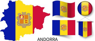 Andorra ulusal bayraklarının çeşitli desenleri ve Andorra sınırlarının haritası.