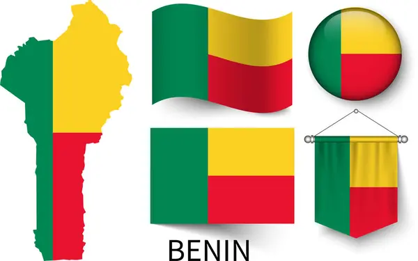 Benin ulusal bayraklarının çeşitli desenleri ve Benin sınırlarının haritası.