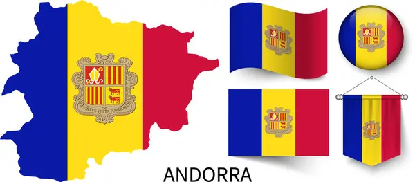 Andorra ulusal bayraklarının çeşitli desenleri ve Andorra sınırlarının haritası.