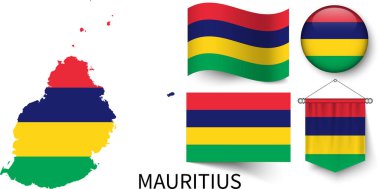 Mauritius ulusal bayraklarının çeşitli desenleri ve Mauritius sınırlarının haritası.