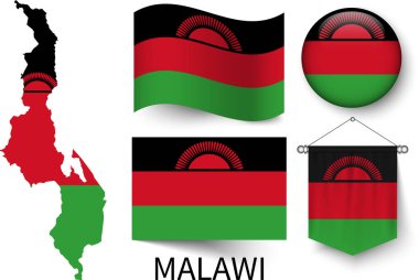 Malavi ulusal bayraklarının çeşitli şekilleri ve Malawi sınırlarının haritası.