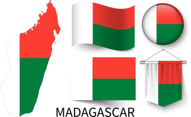 Madagaskar ulusal bayraklarının çeşitli desenleri ve Madagaskar sınırlarının haritası.