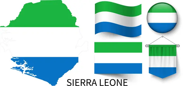 Sierra Leone ulusal bayraklarının çeşitli desenleri ve Sierra Leone sınırlarının haritası.