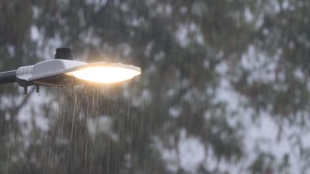 Slecht Weer Zware Regenval Regendruppels Glijden Langs Felle Lamp Licht — Stockvideo