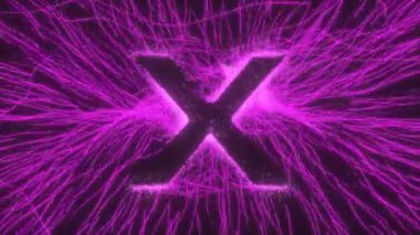 X harfi Siyah Arkaplan üzerinde kıvrımlı ışınlar ve kıvılcımlarla Parlayan Neon Elektrik Alanında Ortaya Çıktı