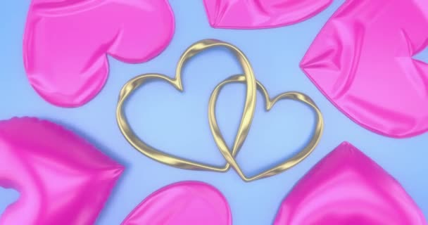 Deux Coeurs Entourés Ballons Réfléchissants Brillants Forme Coeur Gonflant Sont — Video
