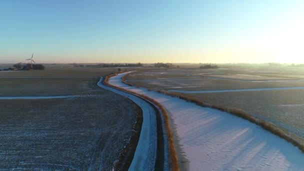 Frozen Canal Wind Turbine Friesland Netherlands Drone Footage — Stock video