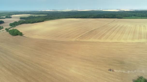 Трактор Посухостійкому Полі Залишаючи Пилову Стежку Верхнє Марне Франція Drone — стокове відео