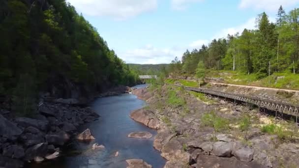 Norveç Kereste Kaydırağı Nehir Altında Ormanla Çevrili Grovane Norveç Hava — Stok video