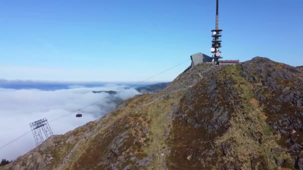 Ulriksbanen Cable Car Going Ulriken Mountain Clouds Bergen Norway Aerial — Stock Video