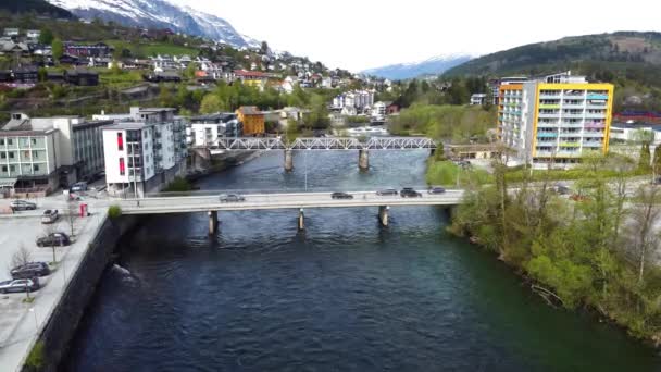 Statyczne Ujęcie Mostu Krzyżowego Voss Norwegia Nagranie Lotnicze — Wideo stockowe