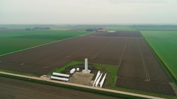 Construction Wind Turbine Loose Pillar Rotor Blades Flevoland Netherlands Drone — Stock Video