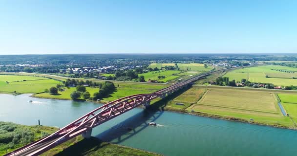 Train Crossing Hanzeboog Bridge Boats Ithe River Zwolle Nizozemsko Drone — Stock video