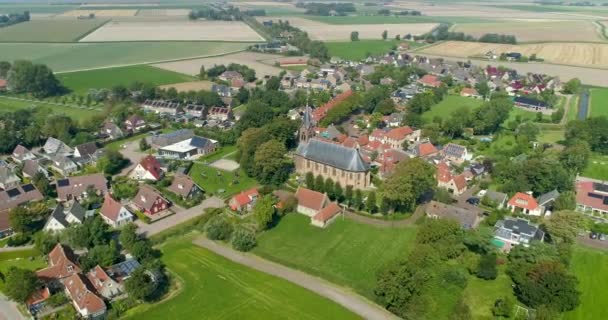 Dutch Village Wijnaldum Church Friesland Netherlands Drone Footage — стоковое видео