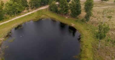 Küçük Göl 'ün Üzerinde Uçmak, Kum ve Heath Nature' ı Ortaya Çıkarmak - Friese Wold, Hollanda, 4K Drone Görüntüleri