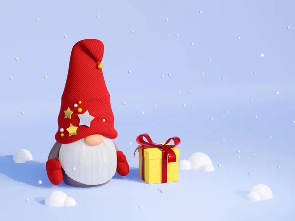 Kerst Scandinavische Kabouter Met Geschenkdoos Sneeuw Weergave Illustratie Nordic Winter — Stockfoto
