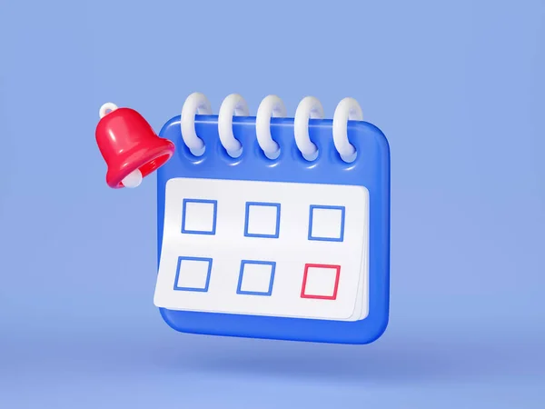 Reminder in calendar 3d render - cute purple calendar with empty check points on white paper and yellow bell. Cartoon illustration of notification symbol for business planning or event remind.