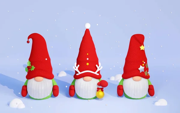 Stock image Christmas Scandinavian gnome with beard and red hat 3D render illustration. Three nordic winter characters tomte for Xmas greeting card. 3 funny traditional nisse on snowy background.