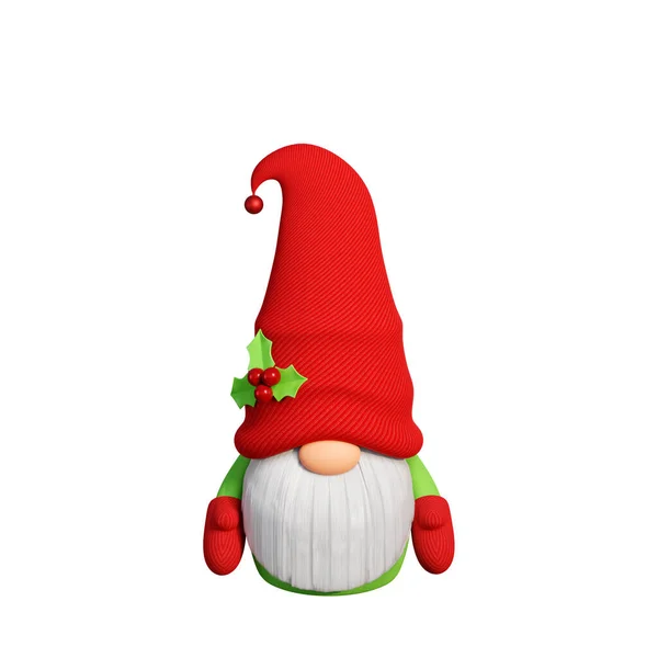 Christmas Scandinavian Gnome Long White Beard Red Hat Decorated Holly — Stock Photo, Image