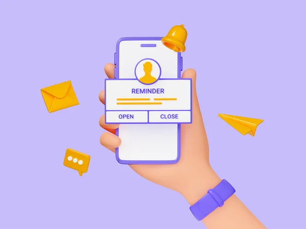 Reminder 3D render - mobile phone in hand with notification page and floating elements on purple. Notice message with bell icon, letter and speech bubble. Alert or deadline concept with buttons.