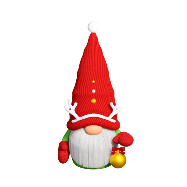アントラーズ3Dレンダリングイラストで飾られた赤い帽子に長い白い髭を持つクリスマス北欧のノーム 北欧の伝統的な冬のキャラクタートートクリスマスツリーのおもちゃXmasグリーティングカード — ストック写真