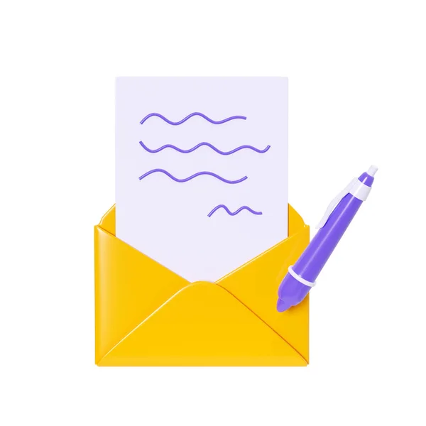 Letter 3d render - open yellow envelope with signed paper card and pen isolated on white. New mail or message notification. Cartoon newsletter icon for income email or postal subscription concept