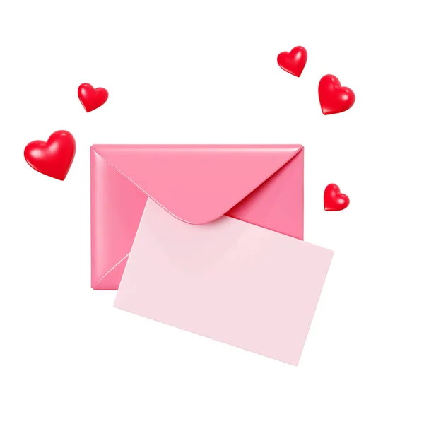 Love letter 3d render - open pink envelope with paper card and flying red heart decoration. Romantic newsletter or message for romantic congratulation or Valentine day greeting isolated on white.