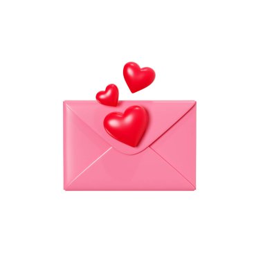 3 boyutlu aşk mektubu. Kapalı pembe zarf. Üzerinde kırmızı kalp süslemesi var. Romantik bülten ya da romantik tebrik mesajı ya da Sevgililer Günü tebriği.