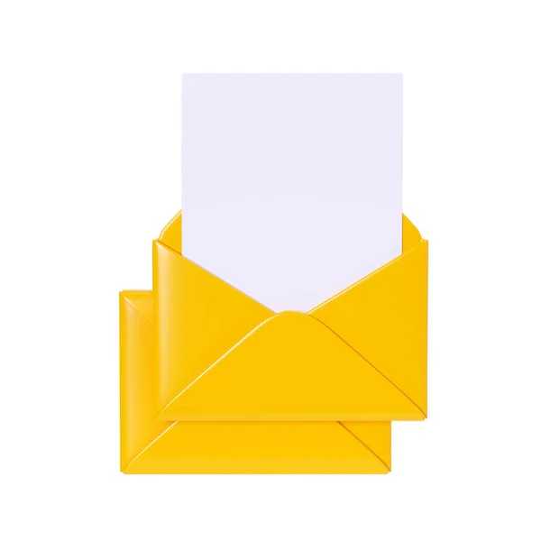 Letter 3d render - open yellow envelope with empty paper card isolated on white background. New mail or message notification. Cartoon newsletter icon for income email or postal subscription concept.