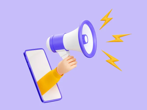 Loudspeaker 3d render - human hand holding megaphone with lightnings for announcement or advertising message. Cartoon loud speaker or bullhorn for caution information and promotion.