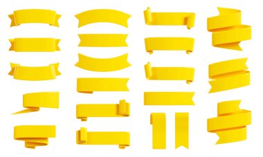 Ribbon banner 3d render set - collection of yellow glossy text box in form of curled and rolled tape for sale or discount promotion sign. Title frame design element for advertising or congratulation.
