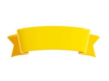 Yellow ribbon banner 3d render - illustration of glossy text box for title sign or advertising message. Empty curled double tape as frame for sale or congratulation concept.
