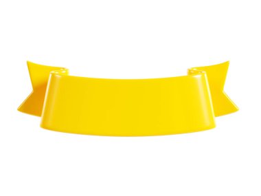 Yellow ribbon banner 3d render - illustration of glossy text box for title sign or advertising message. Empty curled double tape as frame for sale or congratulation concept.