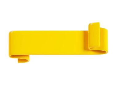 Yellow ribbon banner 3d render - illustration of glossy rolled text box for title sign or advertising message. Empty curled double tape as frame for sale or congratulation concept.
