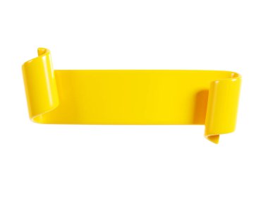 Ribbon text banner 3d render - yellow glossy rolled double tape for sale or promotion message. Title box for discount or congratulation concept. Empty curled headline label or strip.
