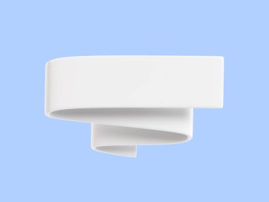 Ribbon banner 3d render - white sale text box. Curled tape with empty frame for title or headline. Discount advertising concept or award badge and label. Simple rolled strip tag for message.