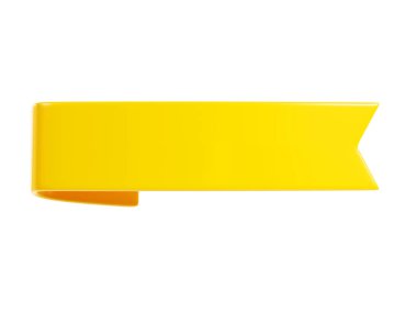 Yellow ribbon banner 3d render illustration - simple text tag or label for sale and promotion message. Glossy title frame for advertising concept. Plastic or fabric headline box or note badge.