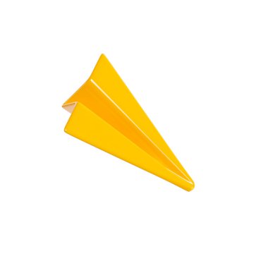 Paper plane 3d render - cartoon yellow origami airplane icon for email or new message concept. Mailing or travel simple element. Abstract gold aircraft in minimalistic style.