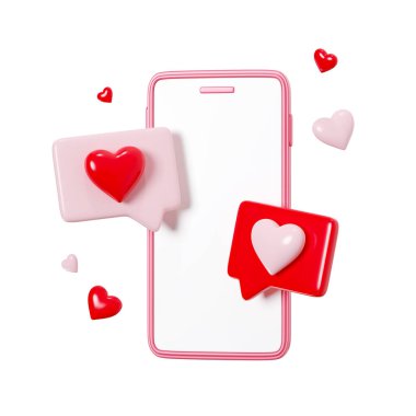 Couple love conversation - 3d render illustration of two speech bubbles with heart on mobile phone for romantic communication or social media like concept. Romantic message or chat.