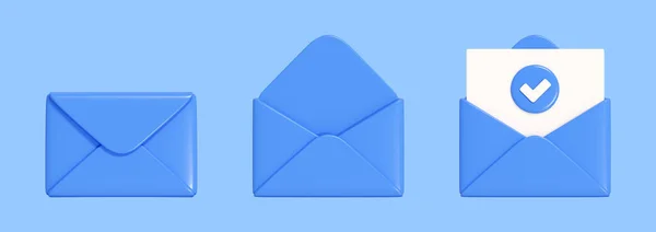 Letter 3d render set - blue envelope collcetion closed and open with paper. Sending newsletter or subscription concept. Icons for sending message by mail.