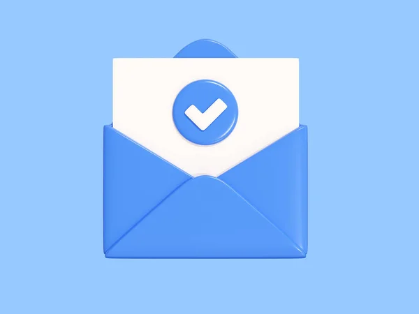 Open letter with card and check mark 3d render - blue envelope with white paper and check. Sending newsletter or subscription concept. Icons for sending message by mail.