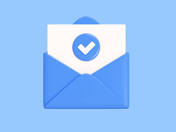 Open letter with card and check mark 3d render - blue envelope with white paper and check. Sending newsletter or subscription concept. Icons for sending message by mail.