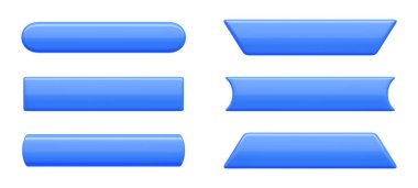 Rectangular long button with rounded and sharp borders 3d render illustration - different lengths blue glossy rectangle icon and label. Blank square and oval tag or badge for banner and web template.