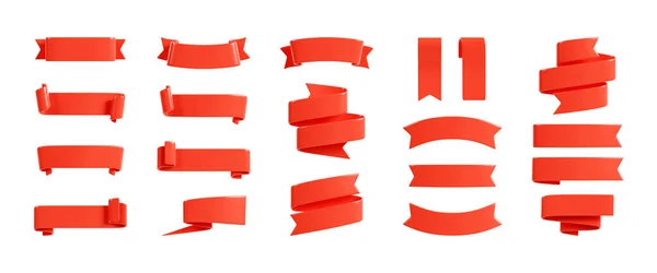 红丝带横幅3D渲染 一套光滑的文本框形式的卷曲和滚动磁带销售或折扣促销标志 广告或祝贺的标题框架设计要素 — 图库照片